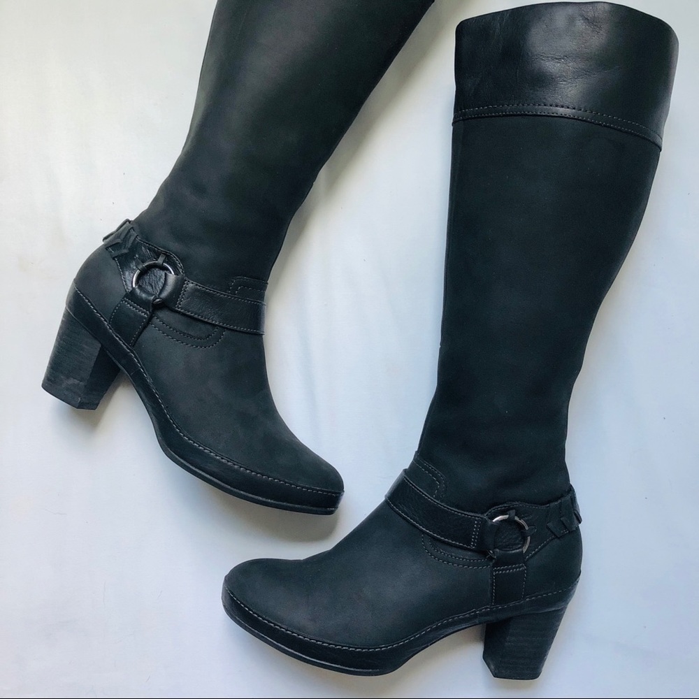 Clarks knee boots, comfortable 3” heel, black nubuck, size US 6.5M (EU38)